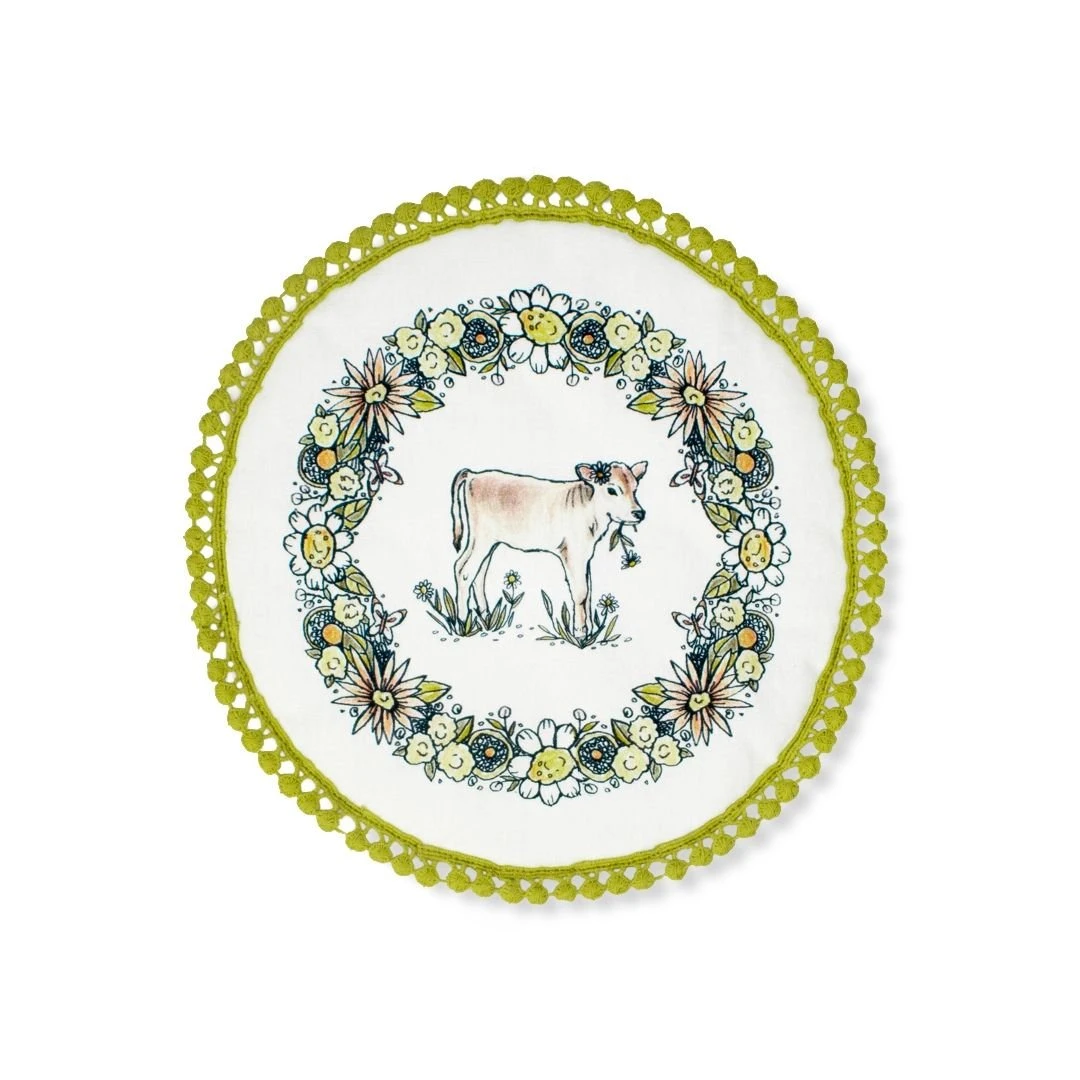 Everything Kitchens Barnyard Baby Animals 9" Round Pot Holder | "Have A Jersey Cow" - Calf